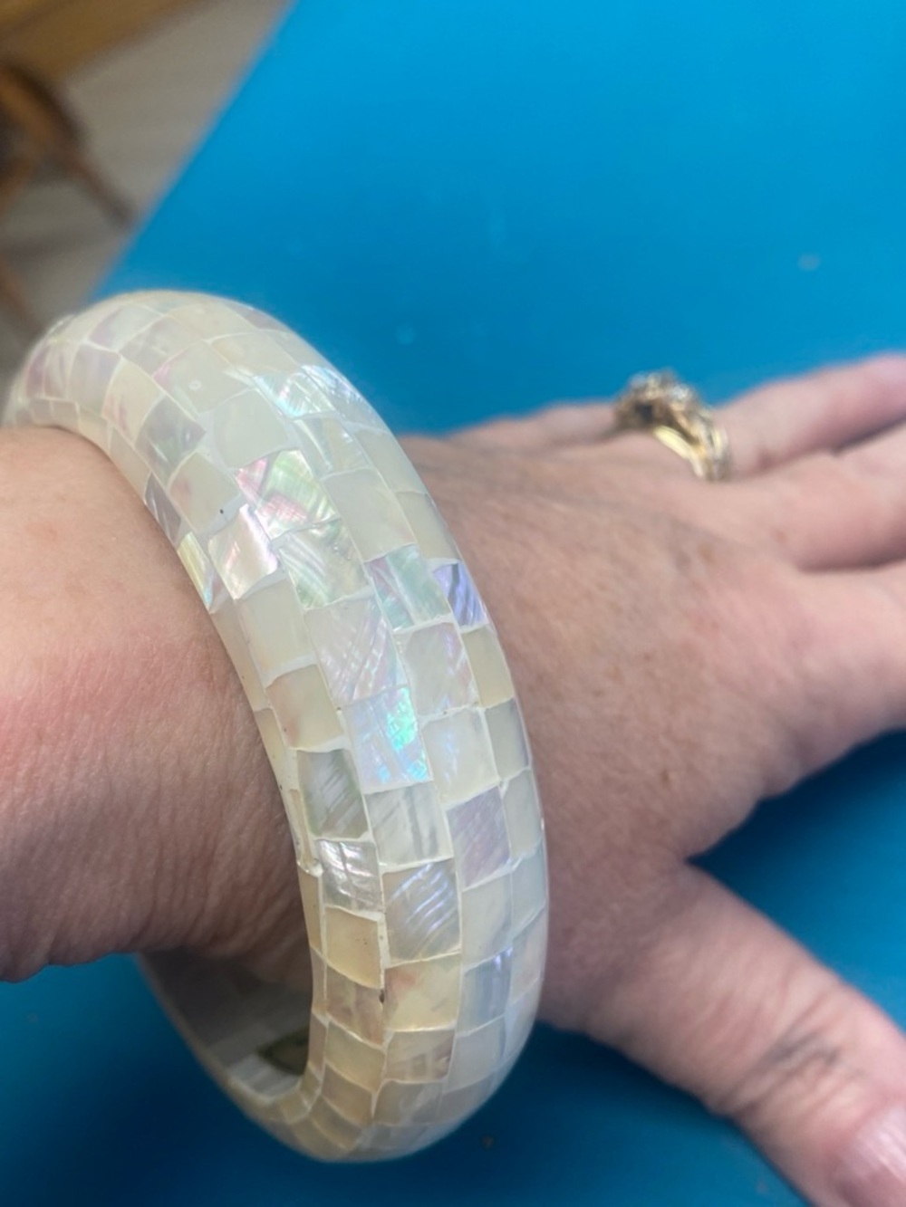 Vintage Mother of Pearl Mosaic Bangle - Iridescent Cream